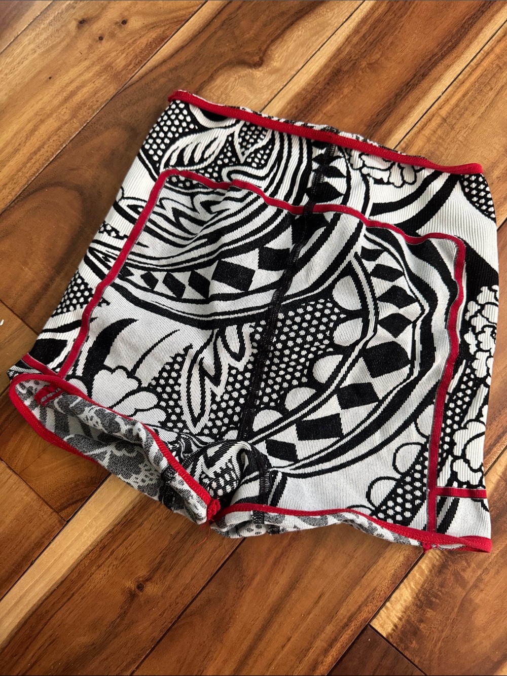 Free People Black & White Patterned Athletic Shorts with Red Trim